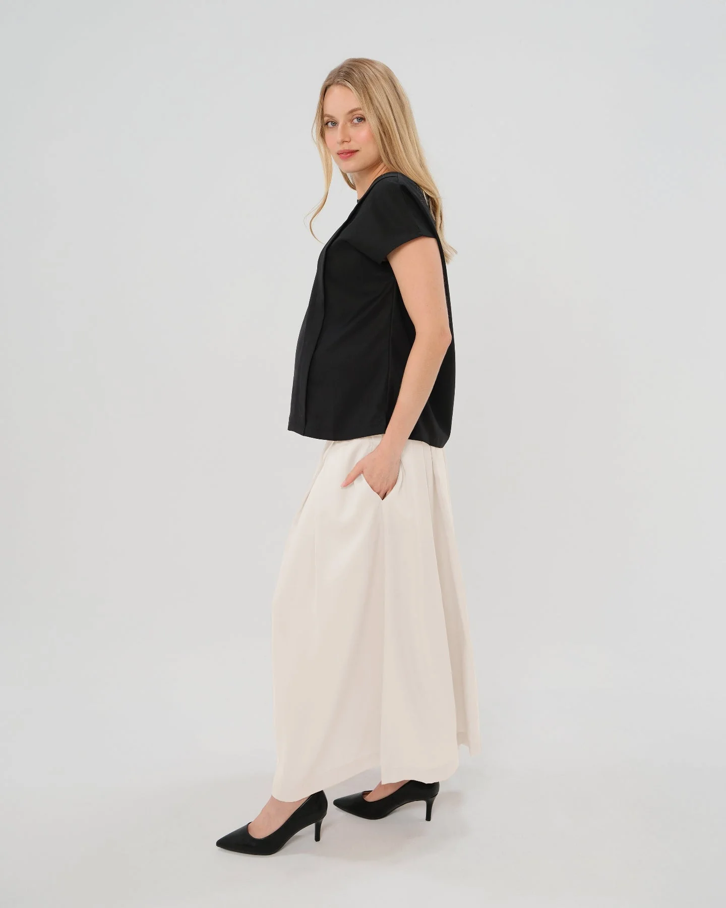 Over-Under Bump Pleated Maternity Maxi Skirt in Cream Satin - Image 3