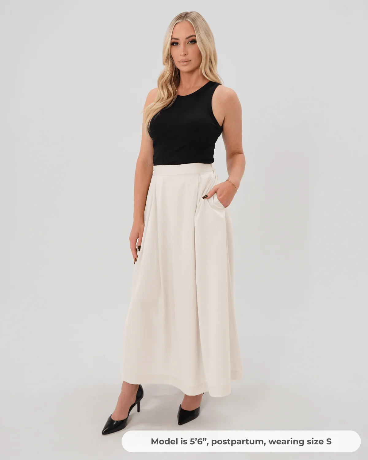 Over-Under Bump Pleated Maternity Maxi Skirt in Cream Satin - Image 6