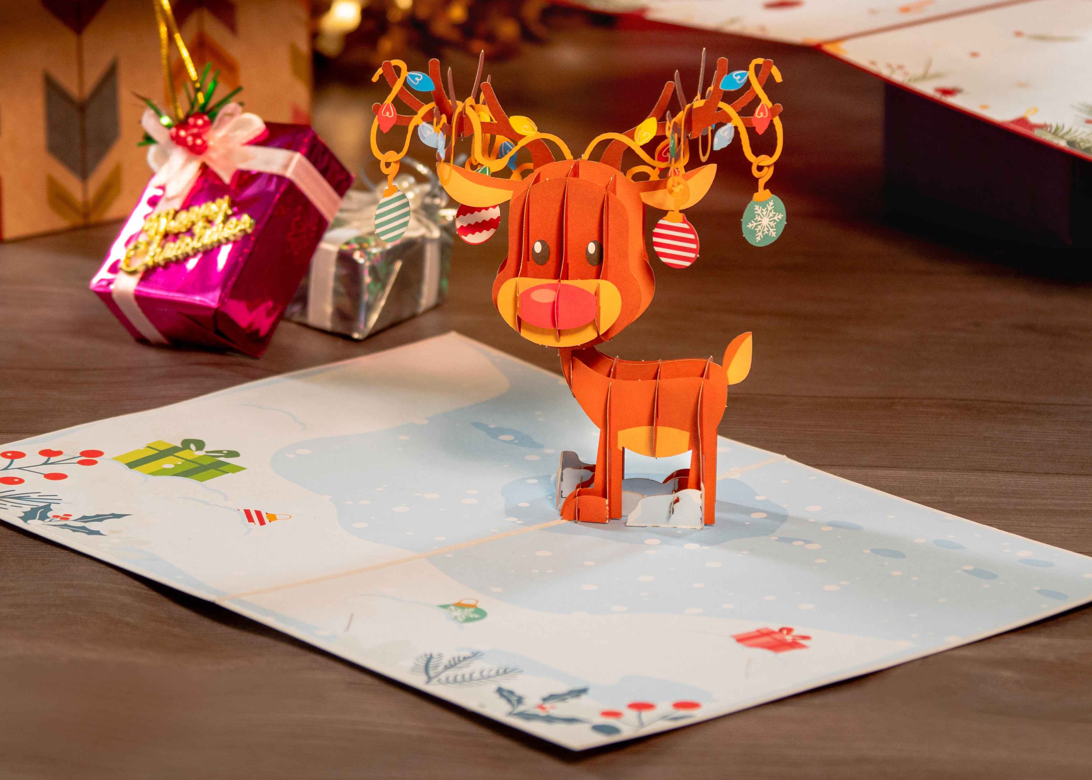 Paper Love Christmas Card - Ornament Reindeer Pop Up Card - Image 3