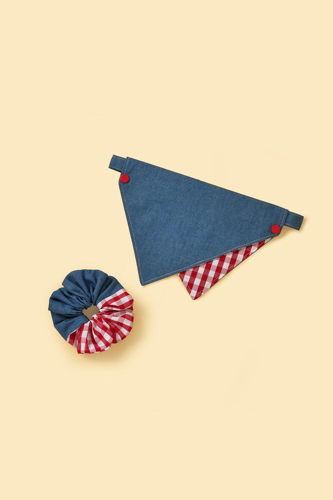 Park Day Denim Gingham Print Handmade Scrunchie - Image 2
