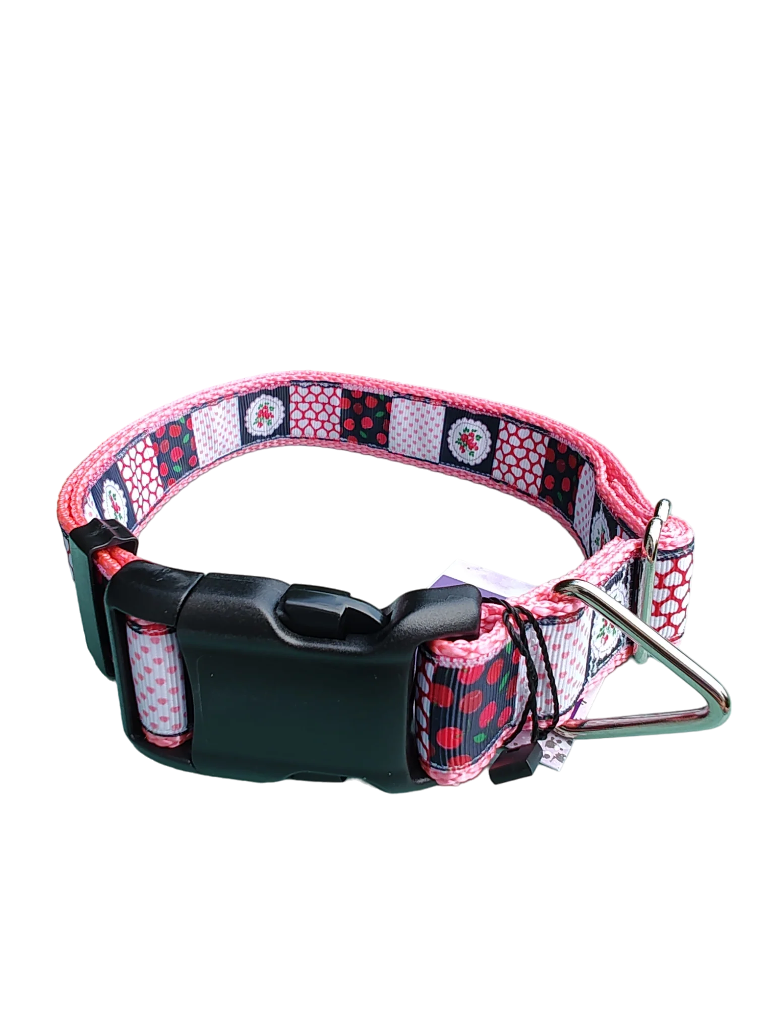 Patchwork Cherries Pink Nylon Dog Collar MD, LG, XL, Leash - Image 3
