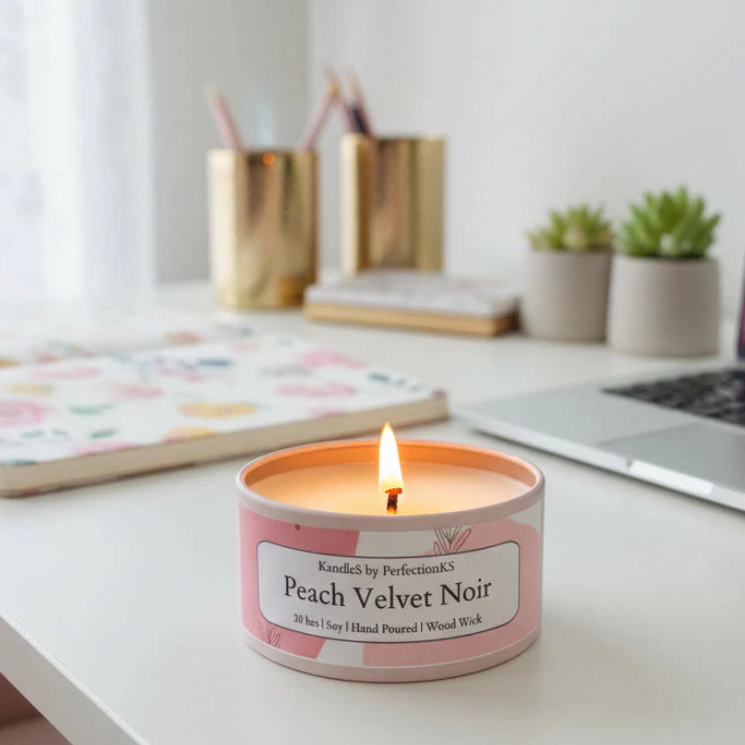 Peach Velvet Noir Luxury Candle | 8oz Non-Toxic Soy Candle with Wooden Wick | Clean Burn - Image 2