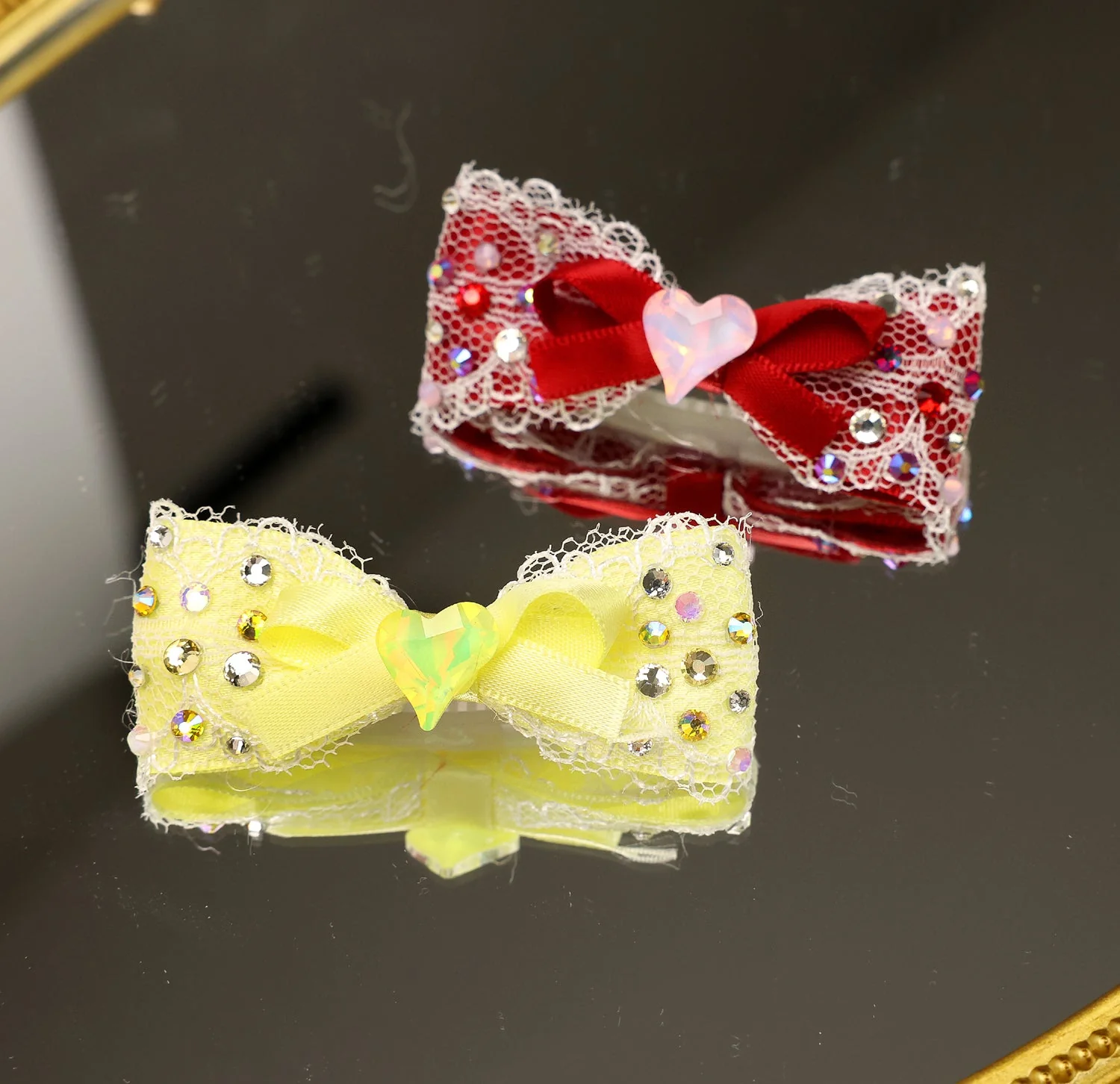 Pet Accessories Lace Bow Hair Clip with Heart Crystal Headwear - Image 2
