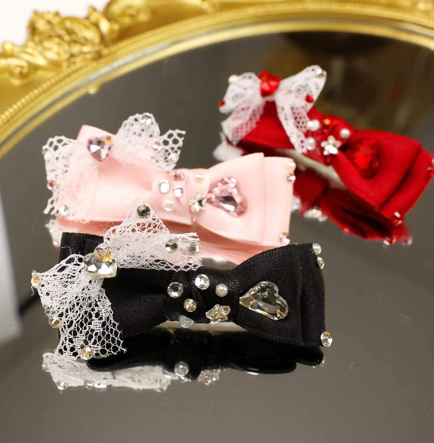 Pet Accessories Lace Bow Hair Clip with Heart Rhinestones headwear - Image 2
