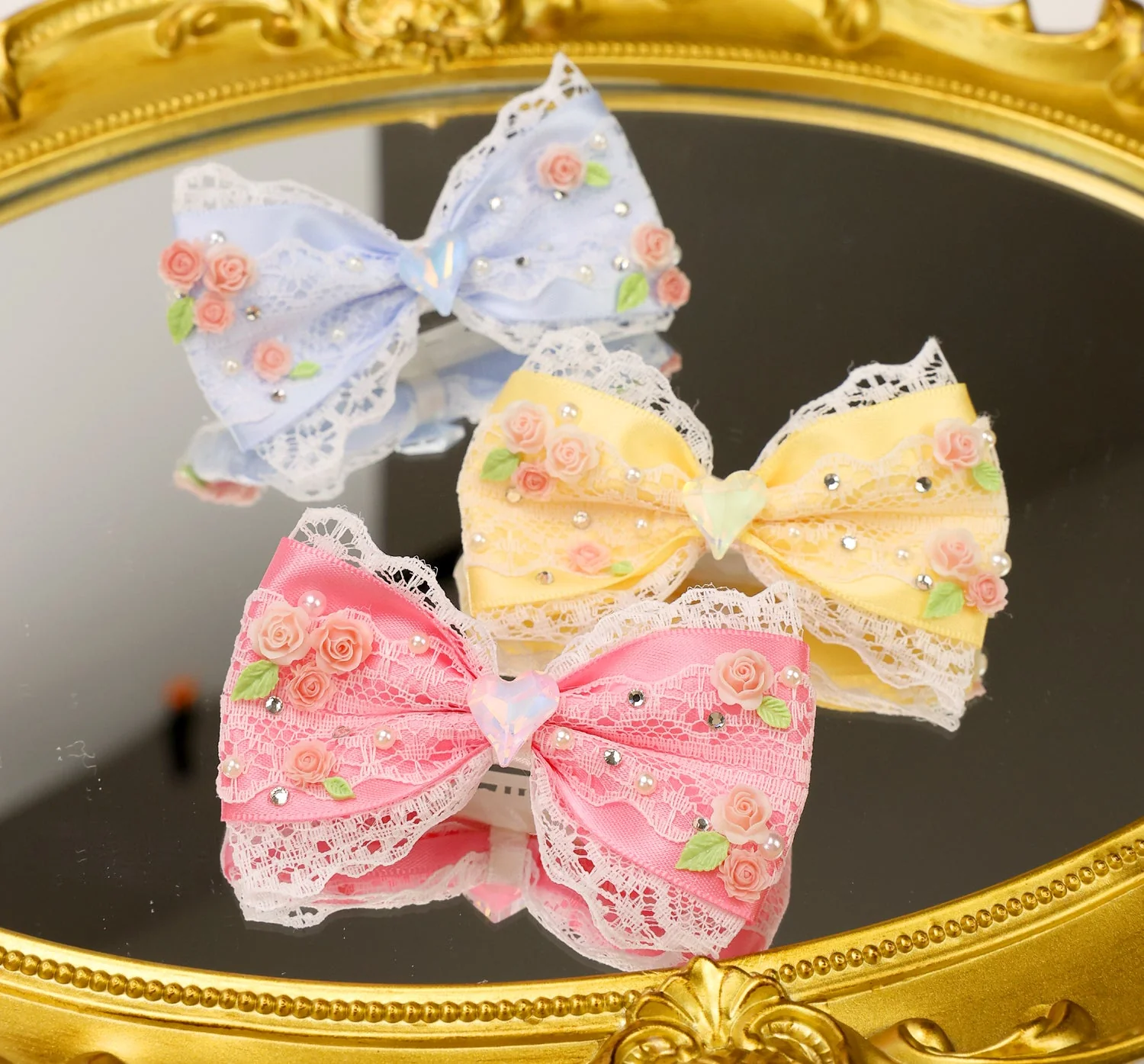 Pet Accessories Lace Floral Bow Hair Clip with Heart Crystal headwear - Image 2