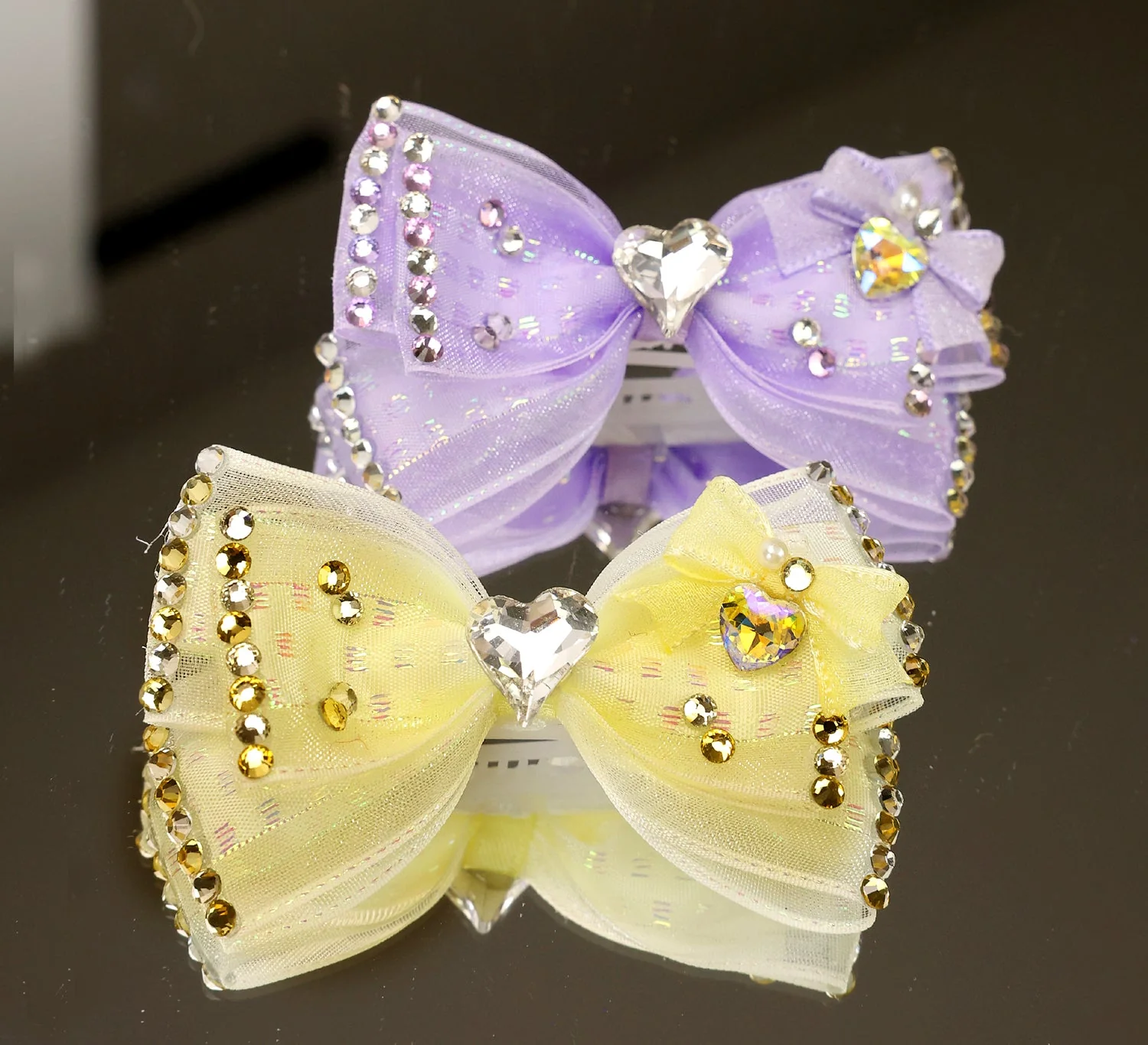 Pet Accessories Rhinestone Heart Tulle Bow Hair Clip headwear - Image 2