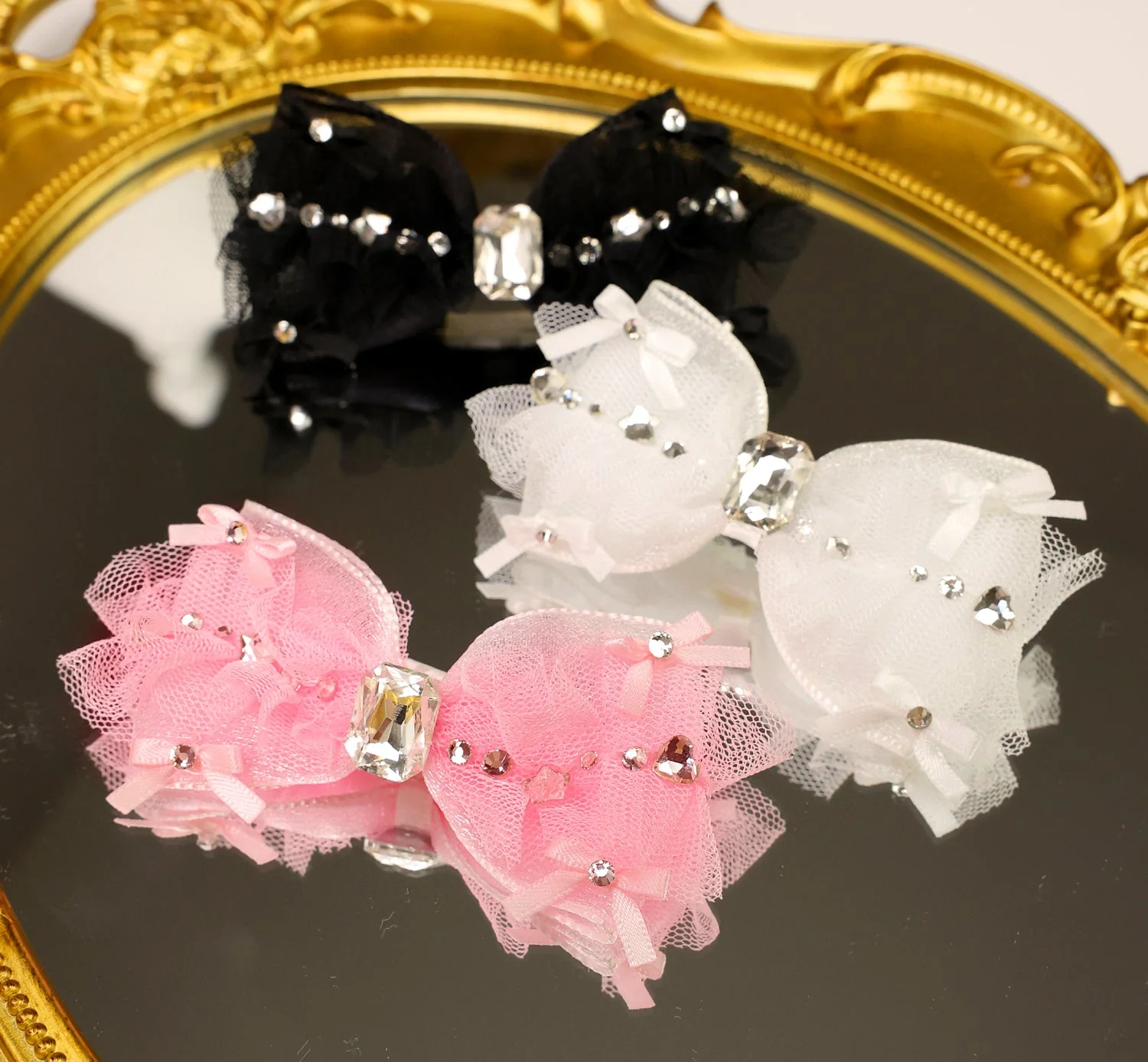 Pet Accessories Tulle Bow Hair Clip with Crystal Center Headwear - Image 2