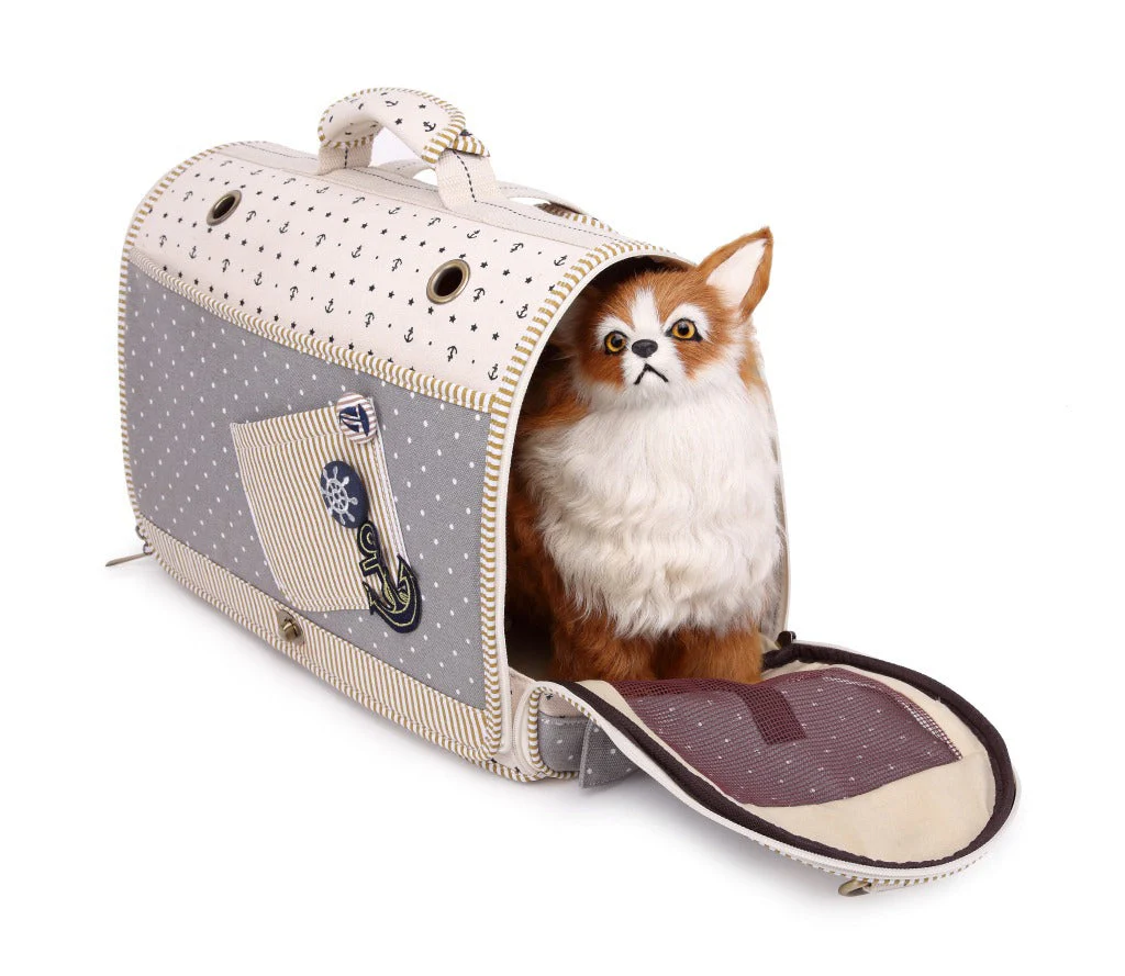 Pet Carrier Bag & Backpack – Nautical Style, Breathable Linen - Image 2