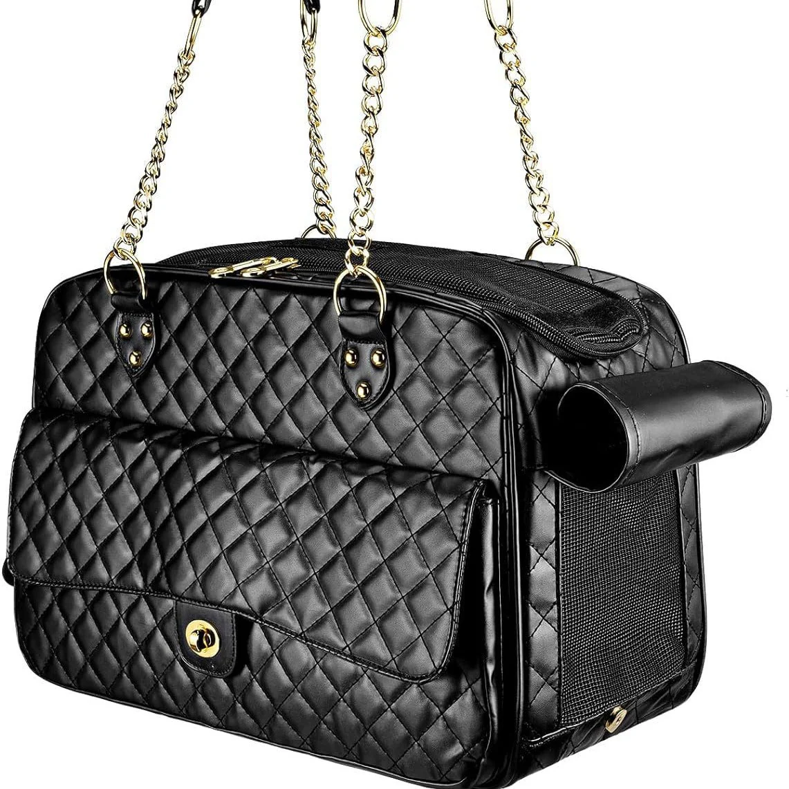 Pet Carrier – Quilted PU Leather with Gold Chain - Image 2