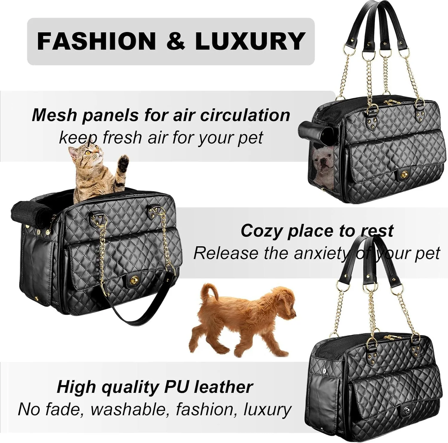 Pet Carrier – Quilted PU Leather with Gold Chain - Image 5