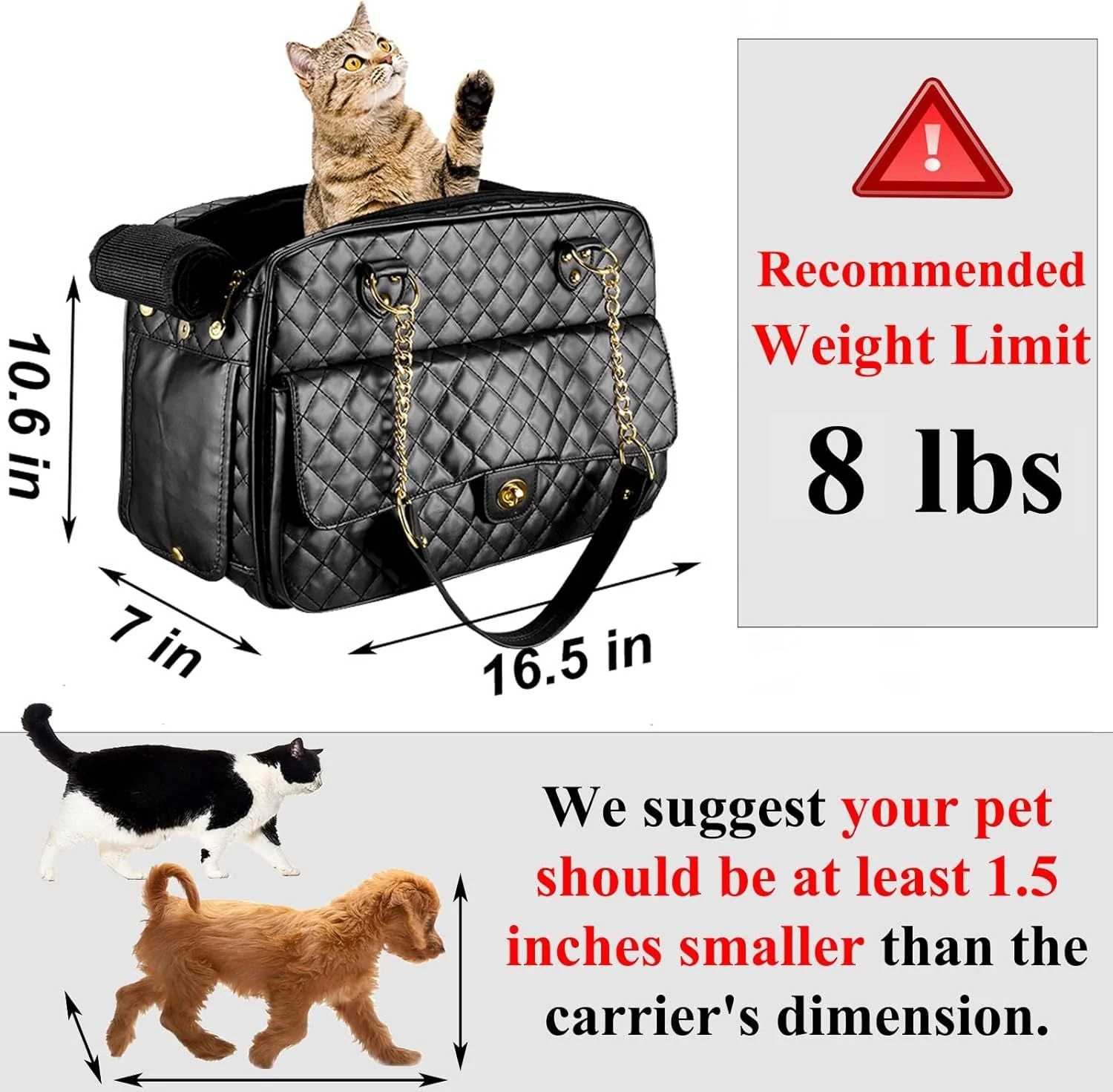 Pet Carrier – Quilted PU Leather with Gold Chain - Image 6