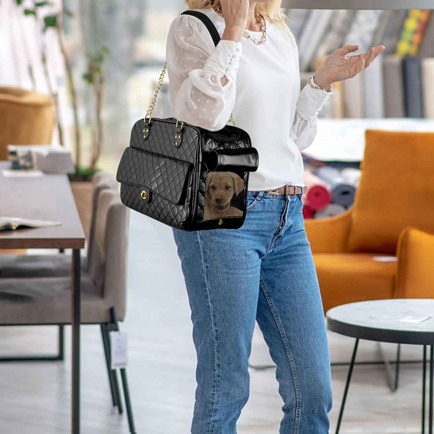 Pet Carrier – Quilted PU Leather with Gold Chain - Image 9
