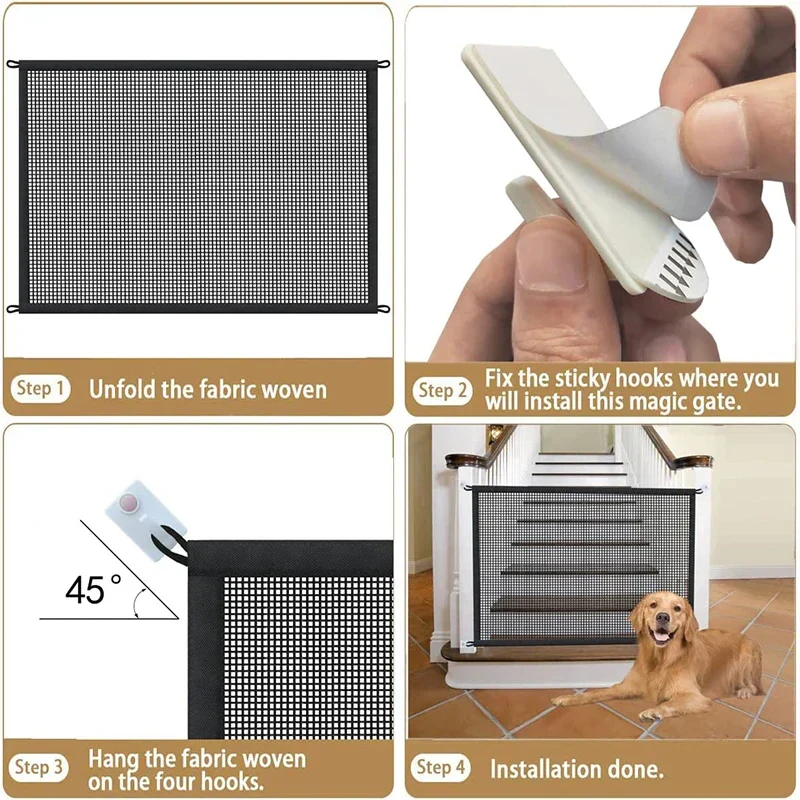 Pet Dog Safety Barrier Fence – Folding Mesh Gate with 4 Hooks for Stairs & Doorways - Image 6