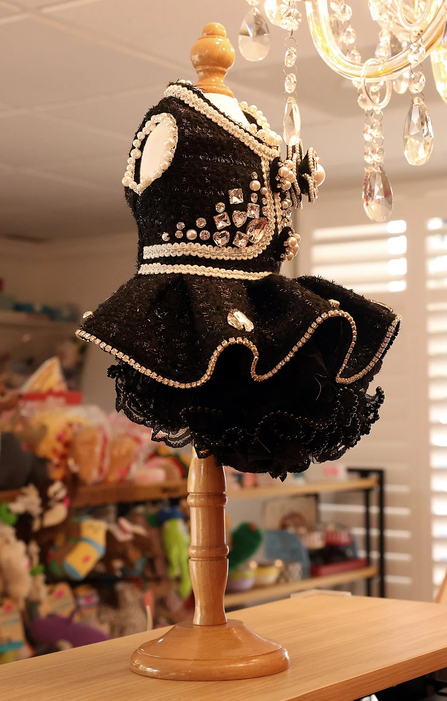 Pet Dress Black Tweed with Pearl Trim & Rhinestone Flower - Tutu Skirt - Image 3