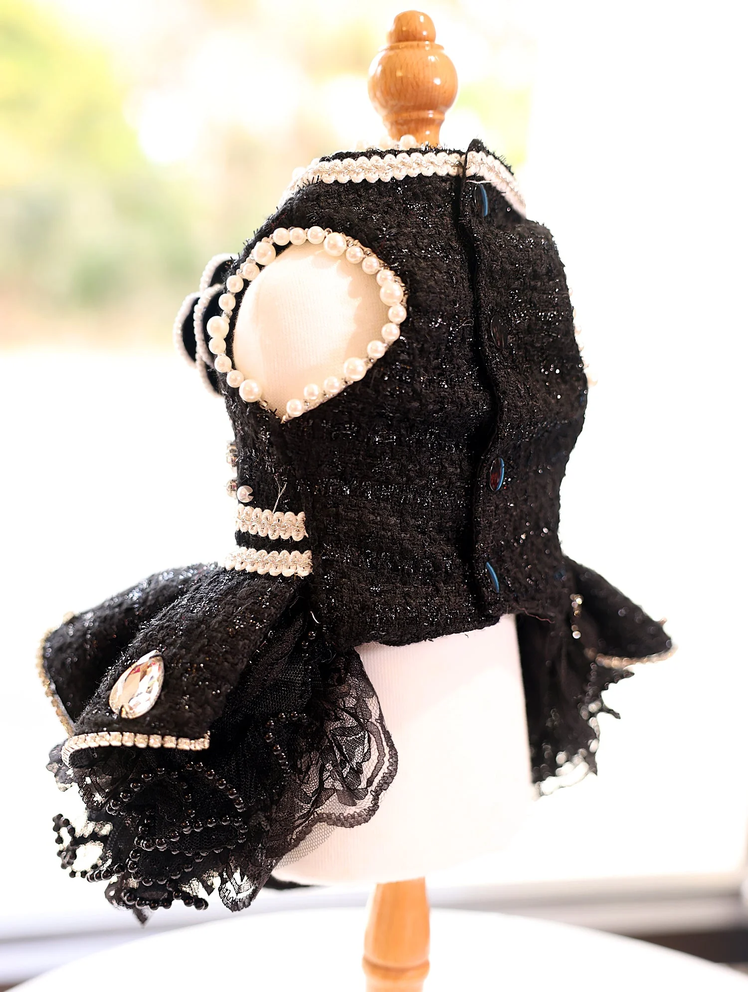 Pet Dress Black Tweed with Pearl Trim & Rhinestone Flower - Tutu Skirt - Image 4