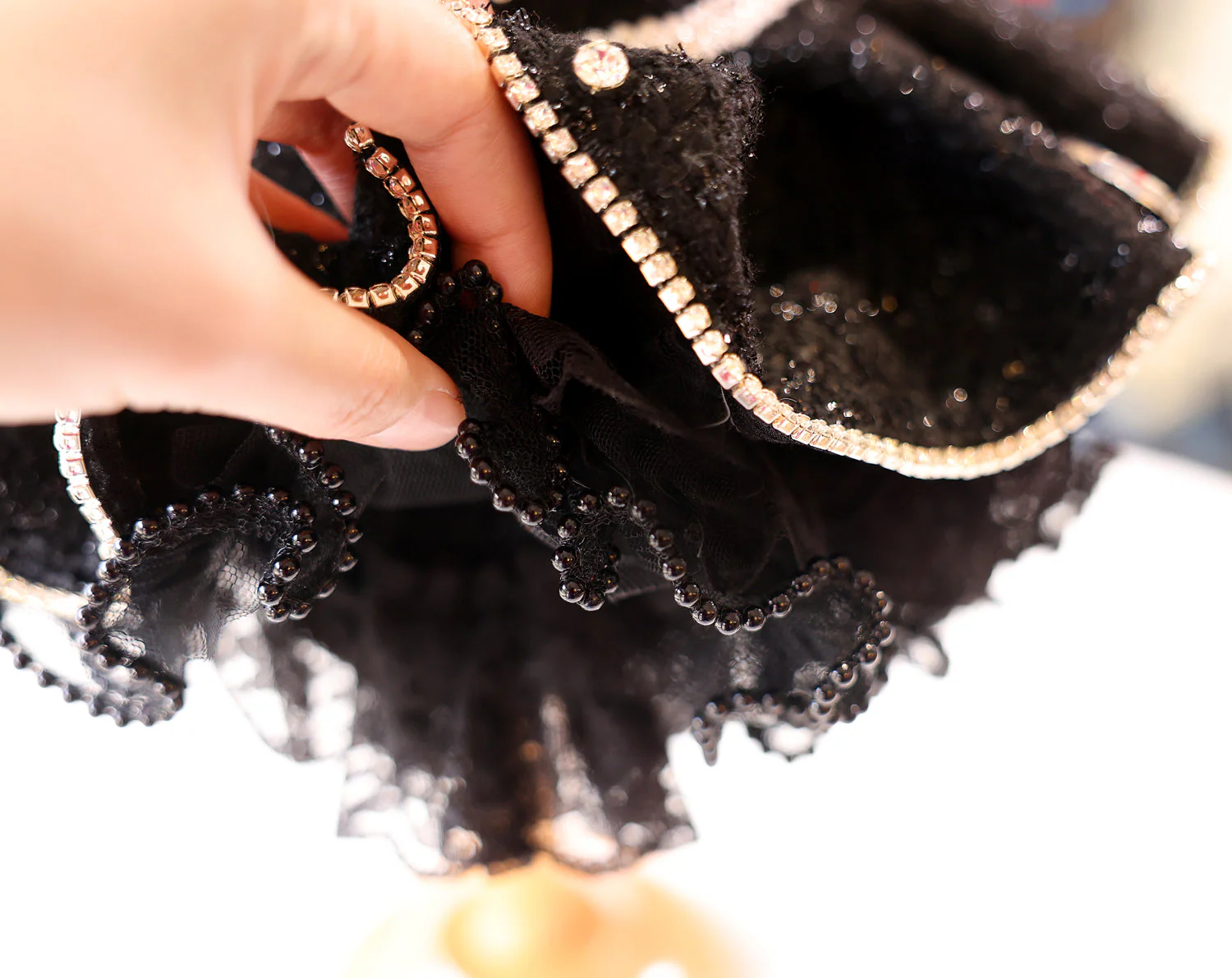 Pet Dress Black Tweed with Pearl Trim & Rhinestone Flower - Tutu Skirt - Image 9
