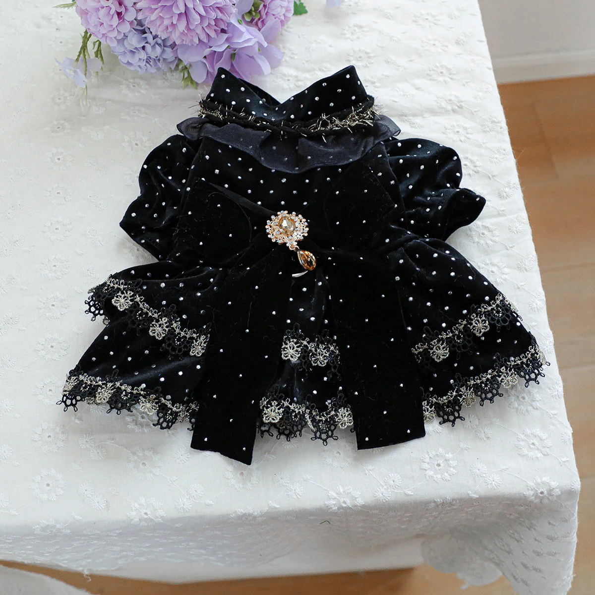 Pet dress black velvet golden dot - Image 3