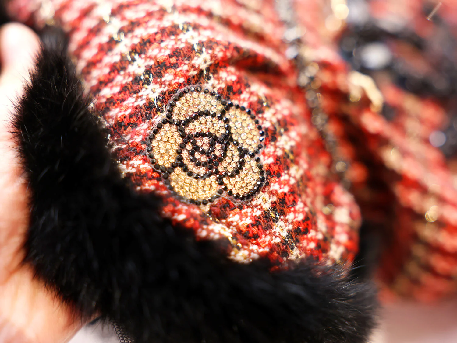 Pet Dress Classic Red Tweed  with Faux Fur Hem & Sequin Detail - Party Outfit - Image 4