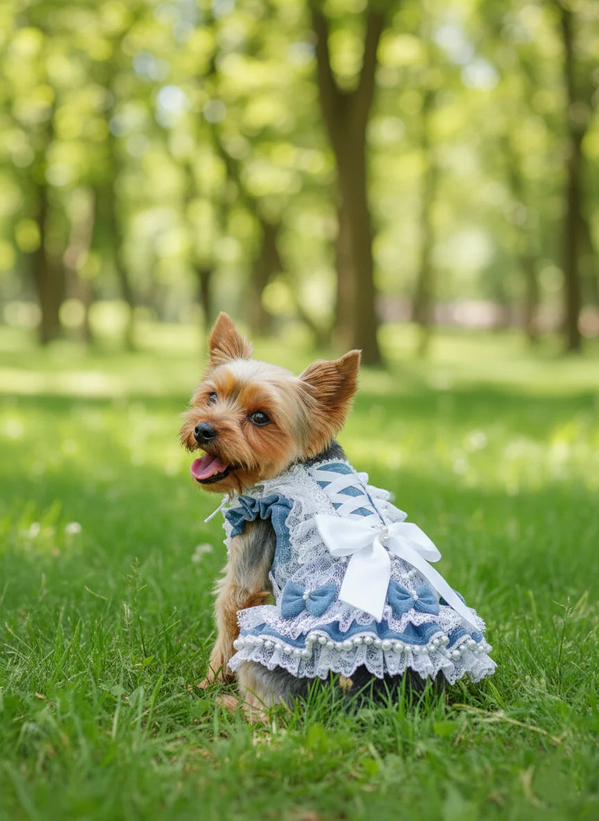 Pet Dress Lace Pearl Dog Outfit Elegant Blue - Image 2