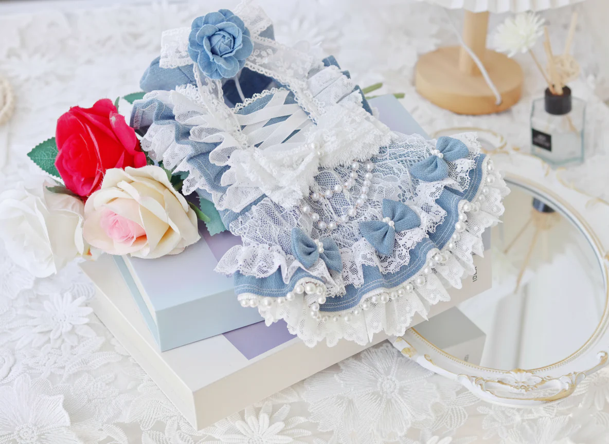 Pet Dress Lace Pearl Dog Outfit Elegant Blue - Image 3
