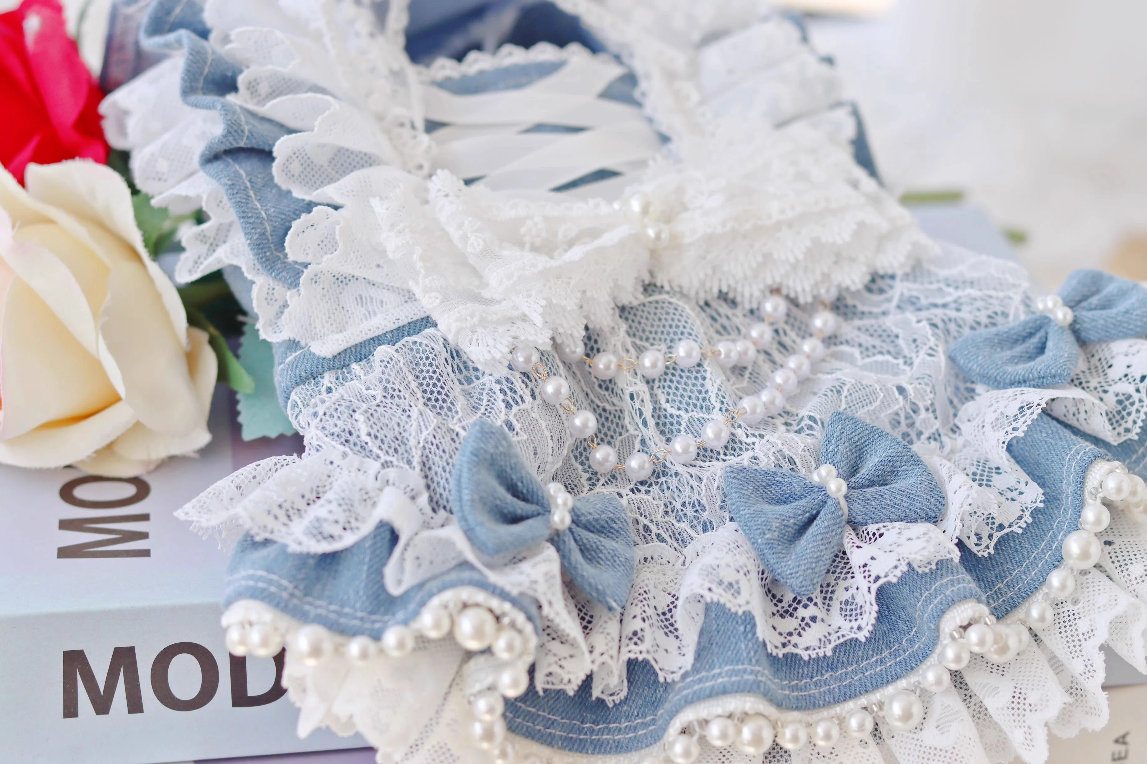 Pet Dress Lace Pearl Dog Outfit Elegant Blue - Image 4