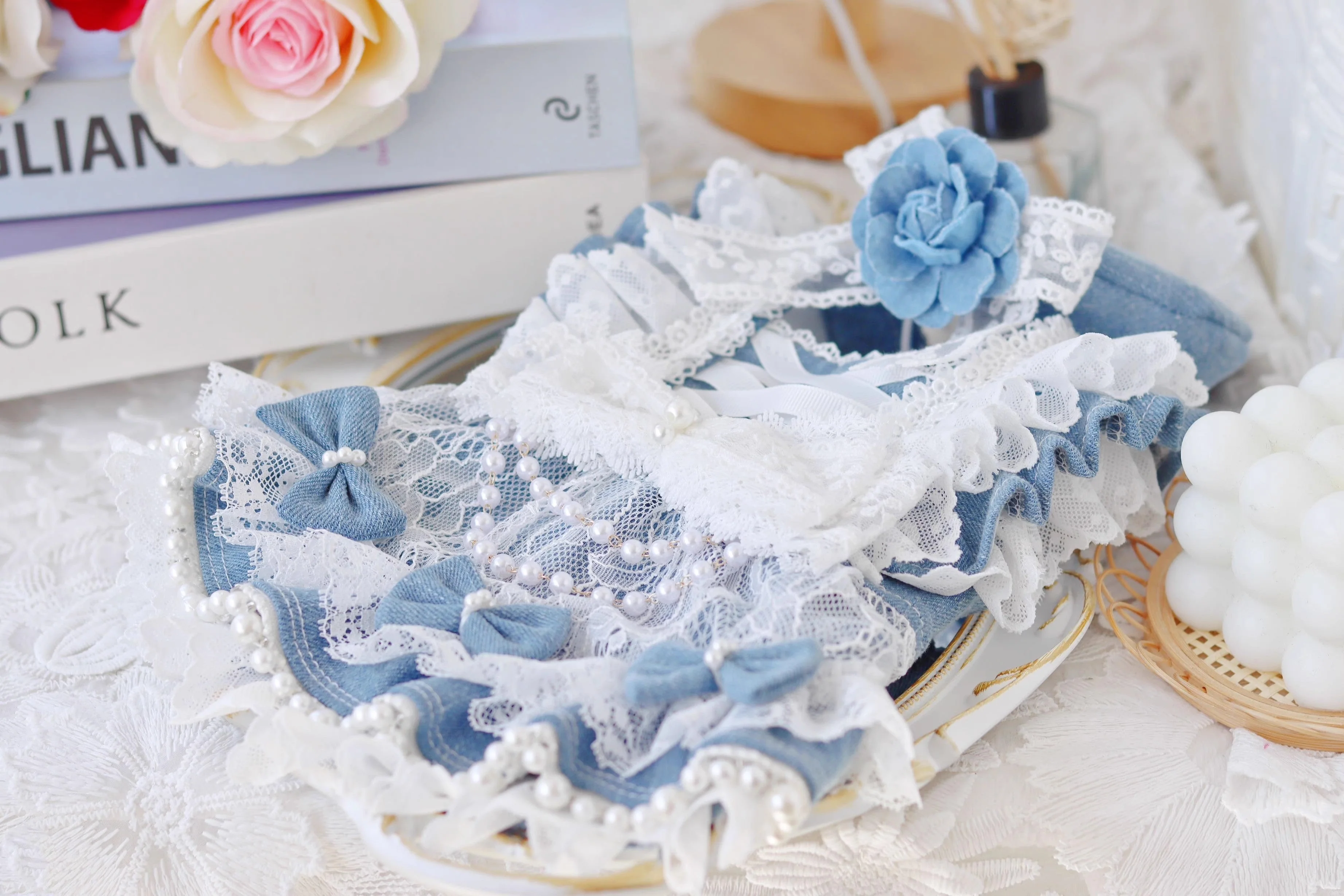 Pet Dress Lace Pearl Dog Outfit Elegant Blue - Image 5