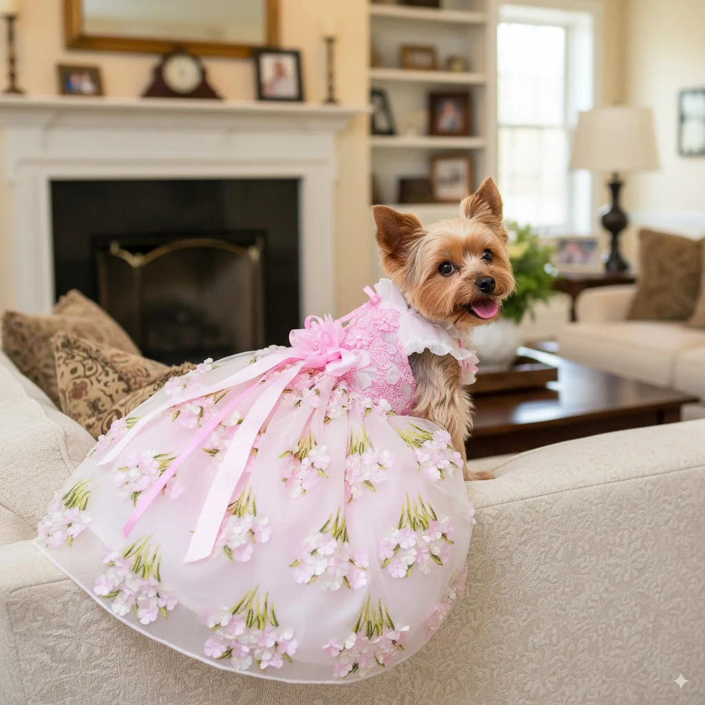 Pet Dress Pink Floral Tulle Gown with Bow - Image 3