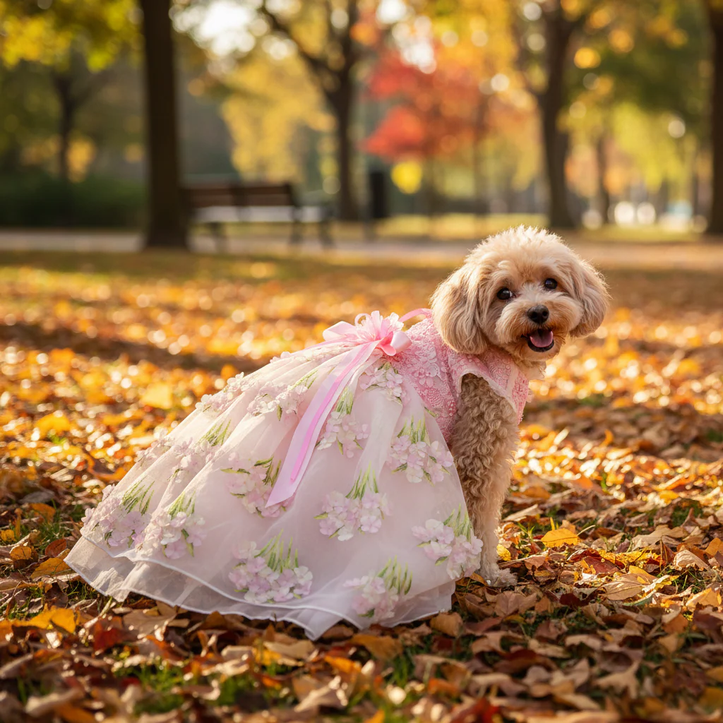 Pet Dress Pink Floral Tulle Gown with Bow - Image 4