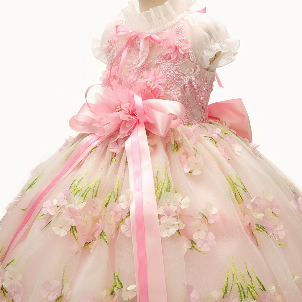 Pet Dress Pink Floral Tulle Gown with Bow - Image 5