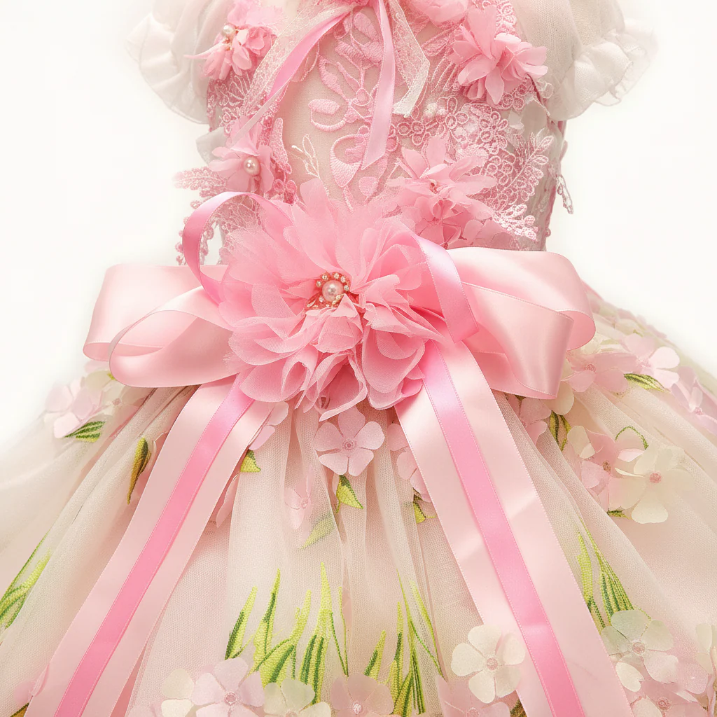 Pet Dress Pink Floral Tulle Gown with Bow - Image 6