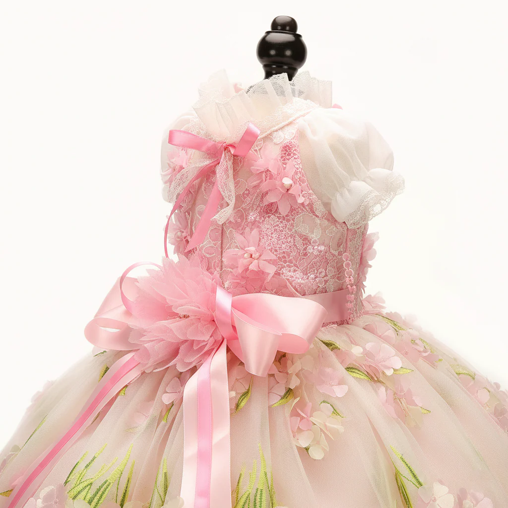 Pet Dress Pink Floral Tulle Gown with Bow - Image 7