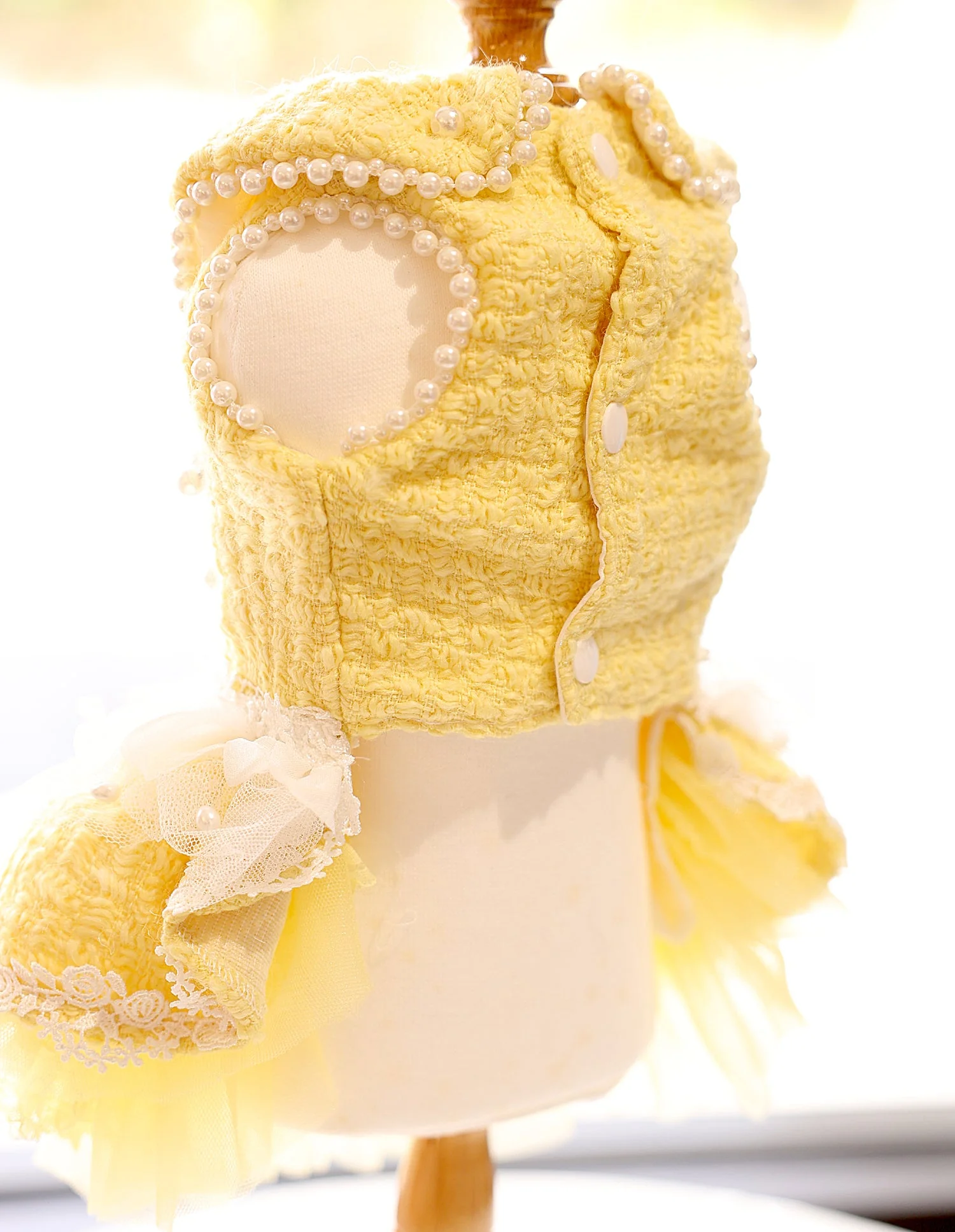 Pet Dress Yellow Tweed Pearls Collar with Lace Tutu - Boutique Party Outfit - Image 4