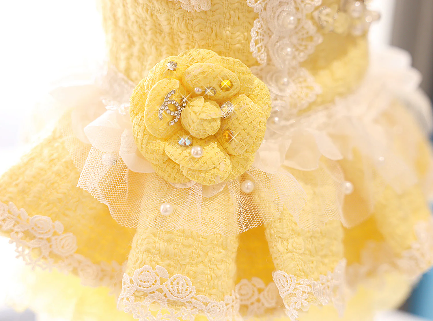 Pet Dress Yellow Tweed Pearls Collar with Lace Tutu - Boutique Party Outfit - Image 6