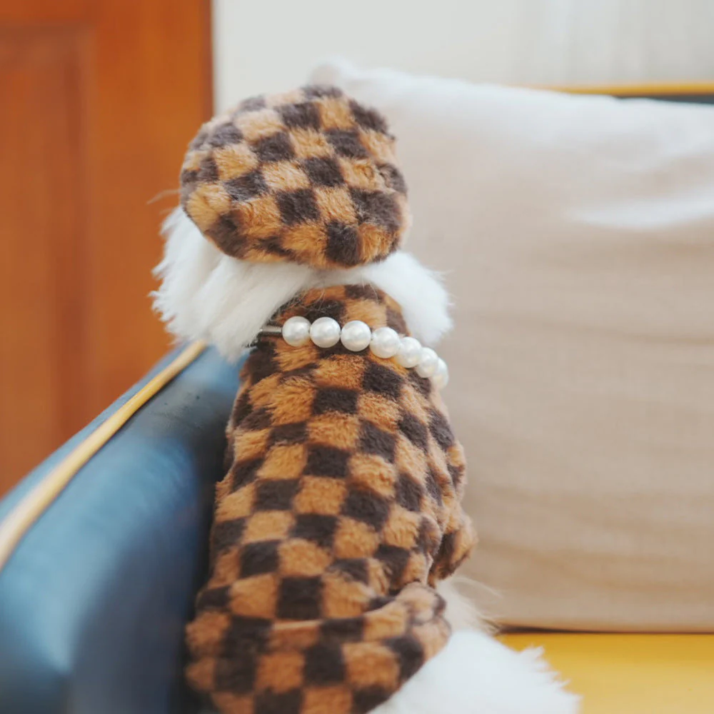 Pet Faux Fur Coat Checkered Plush Outfit with Hat - Image 2