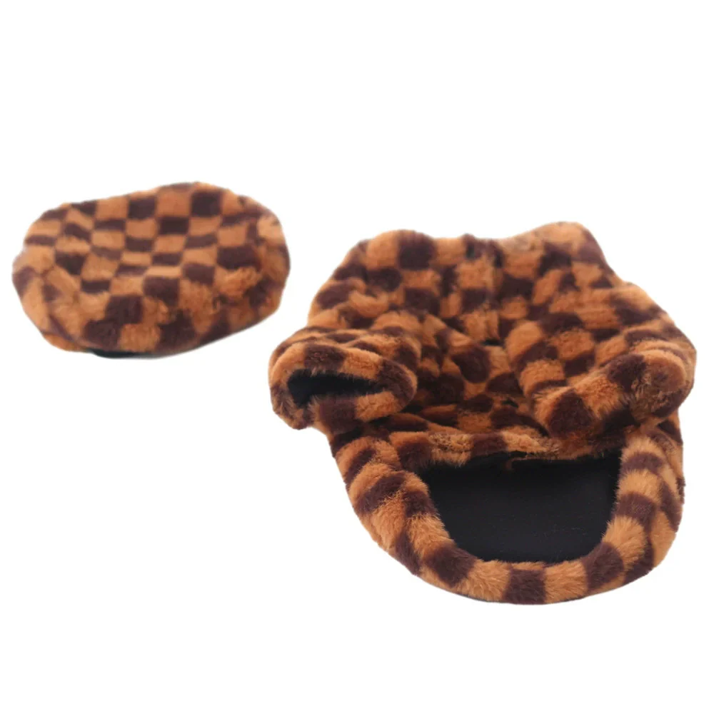 Pet Faux Fur Coat Checkered Plush Outfit with Hat - Image 3
