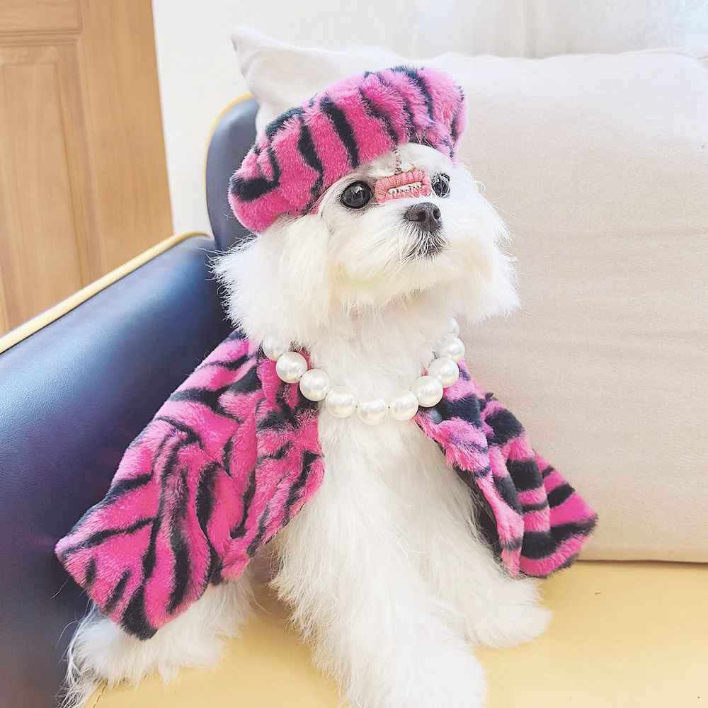 Pet Faux Fur Coat Plush Outfit with Hat Zebra Print - Image 3