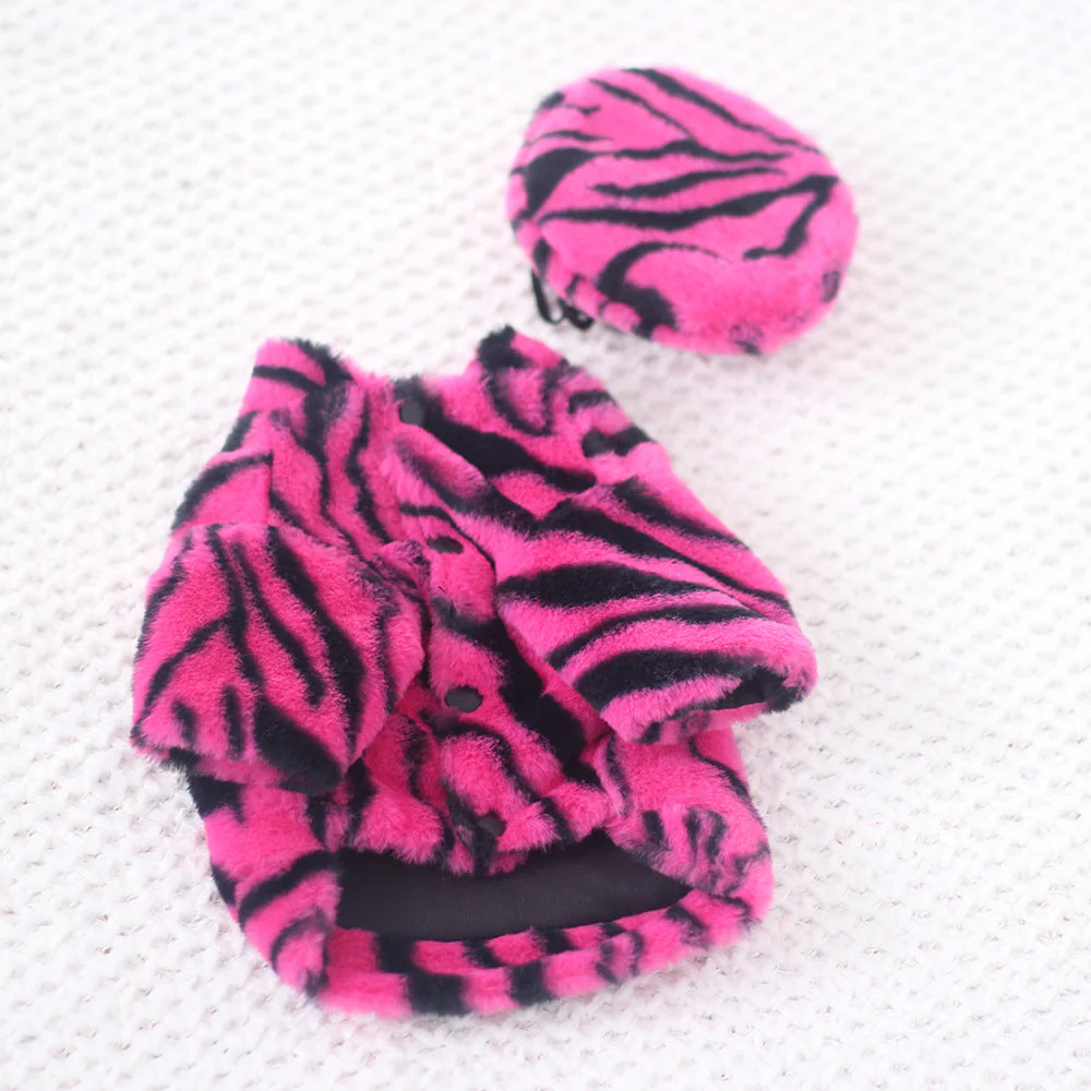Pet Faux Fur Coat Plush Outfit with Hat Zebra Print - Image 5