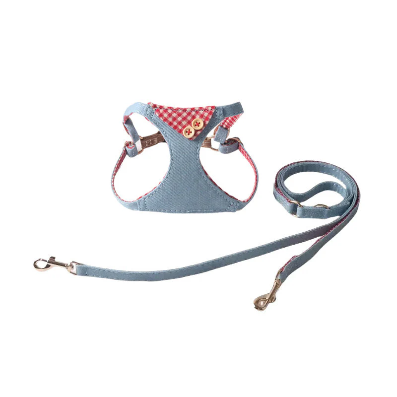 Pet Harness & Leash Set – Denim Plaid Design with Buttons - Image 2