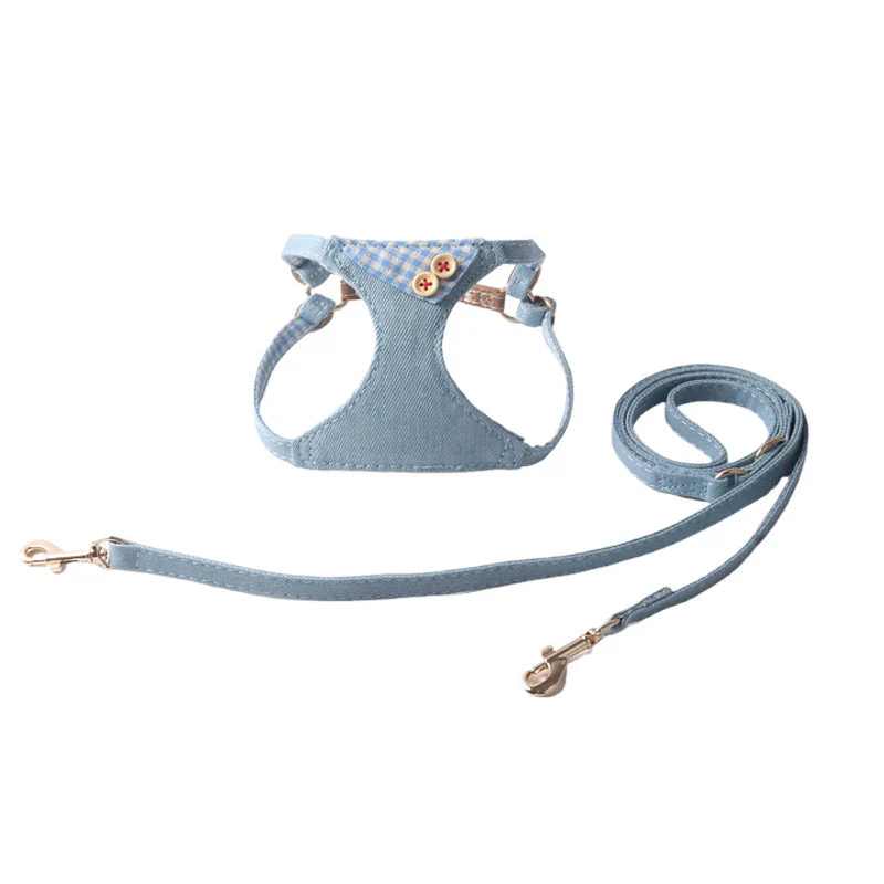 Pet Harness & Leash Set – Denim Plaid Design with Buttons - Image 3