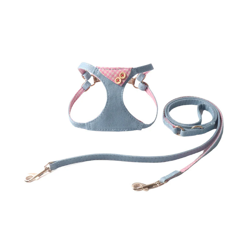 Pet Harness & Leash Set – Denim Plaid Design with Buttons - Image 4