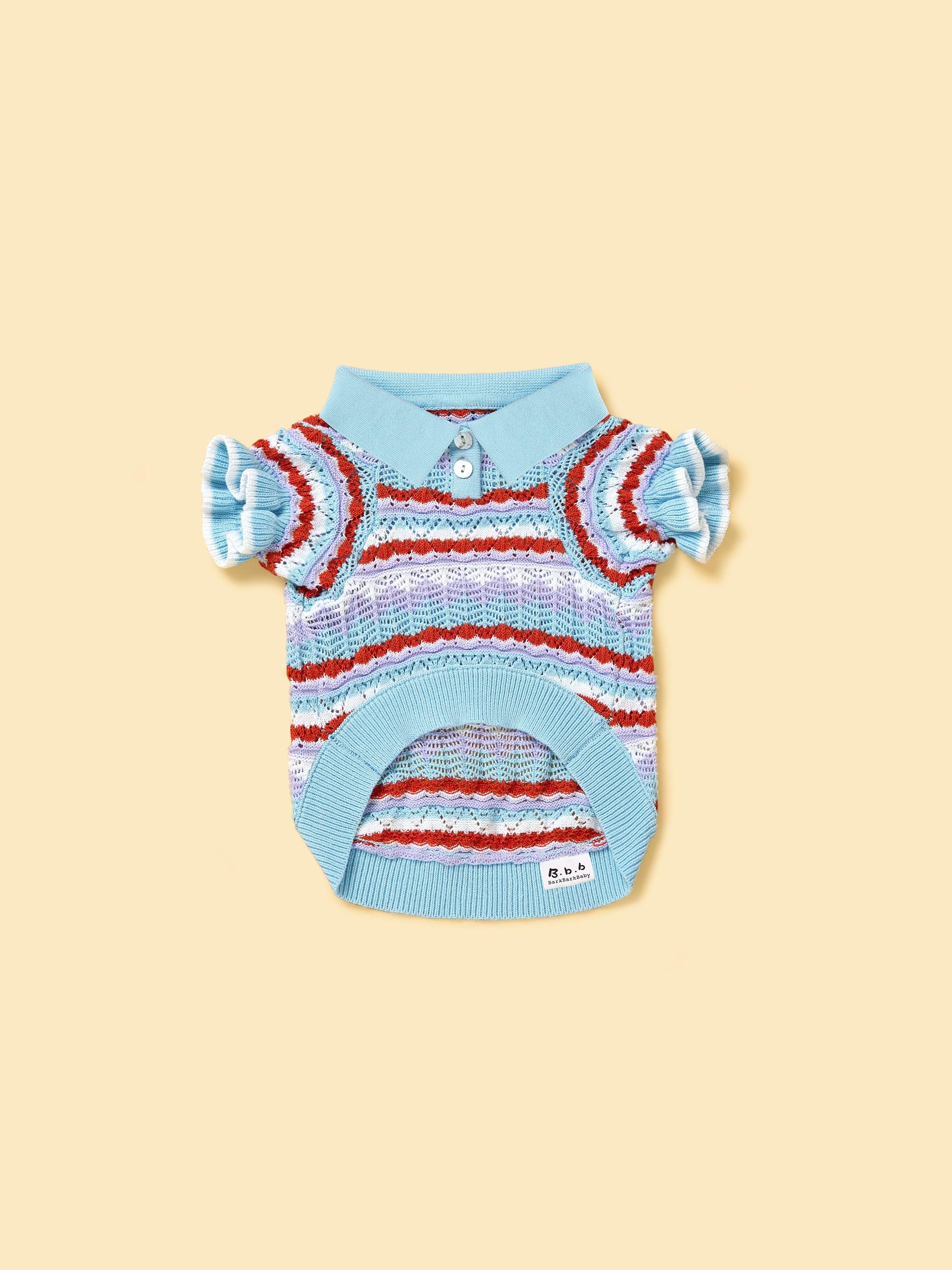 Pet & Me Spring Summer Ocean Blue Ruffle Crochet Short Sleeve Polo Shirt - Image 3