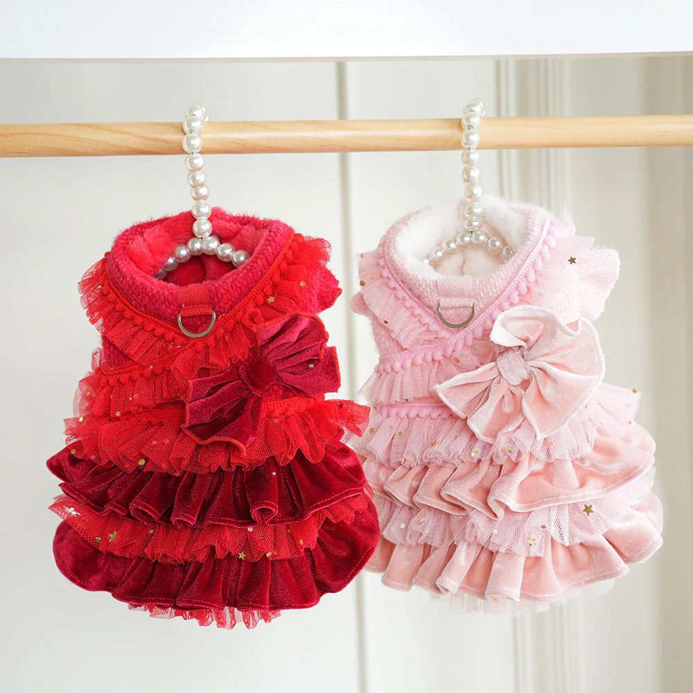 Pet Velvet Layered Tulle Dress with Bow - Image 2