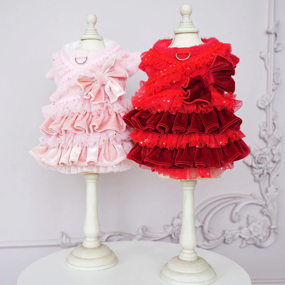 Pet Velvet Layered Tulle Dress with Bow - Image 3