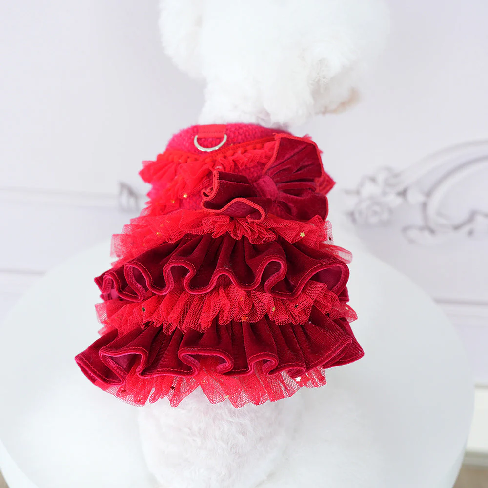Pet Velvet Layered Tulle Dress with Bow - Image 4