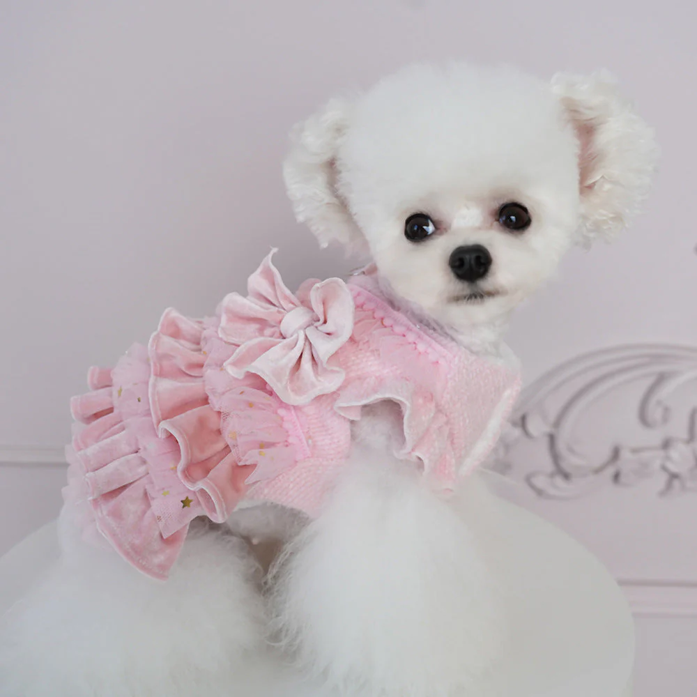Pet Velvet Layered Tulle Dress with Bow - Image 5