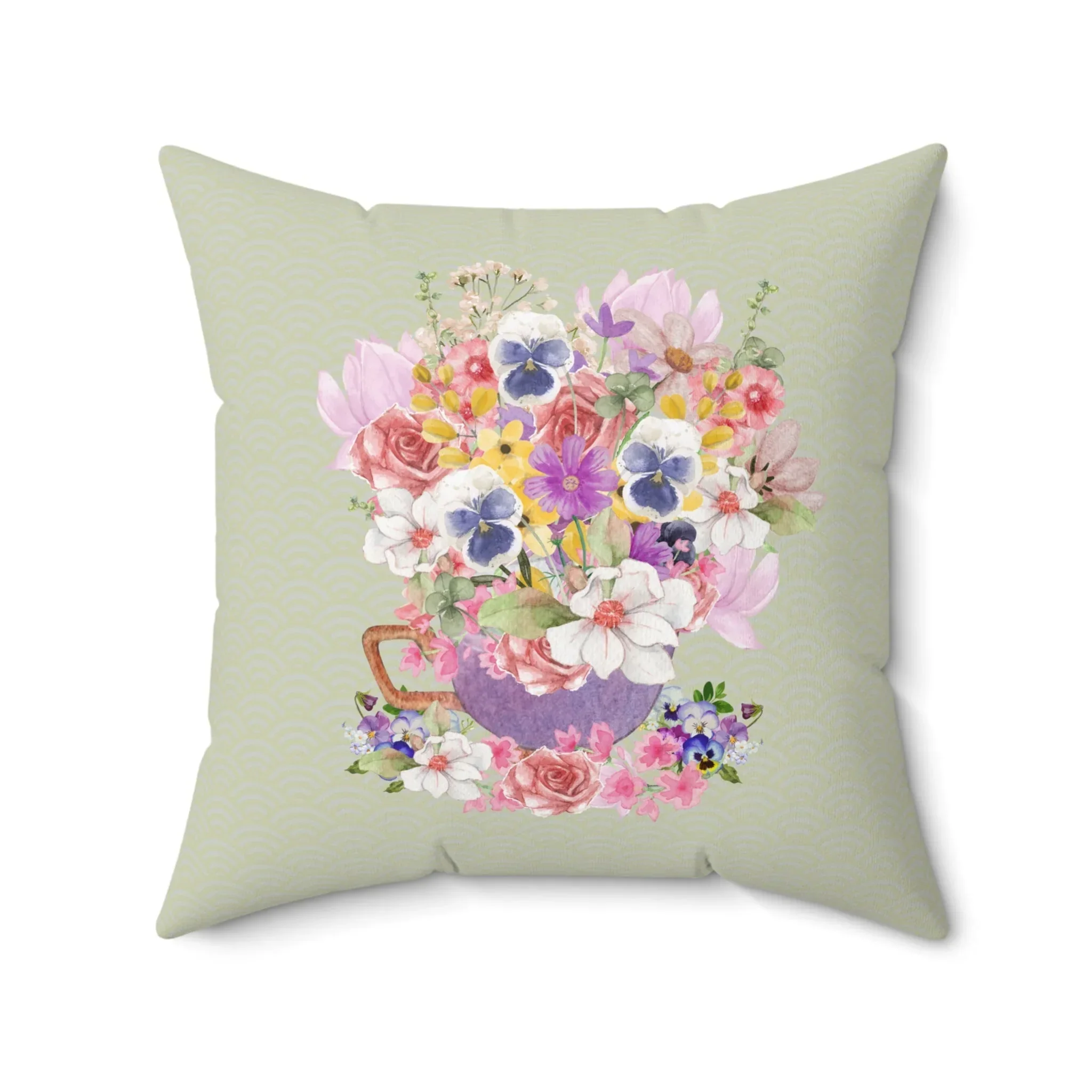 Pillow with Pansies in a Cup - Image 2