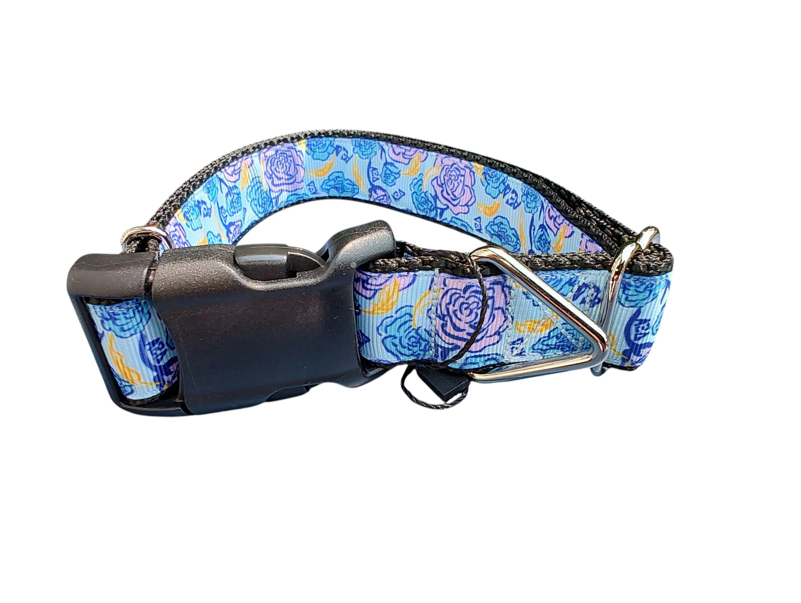 Pink and Blue Roses Nylon Dog Collar - Image 2