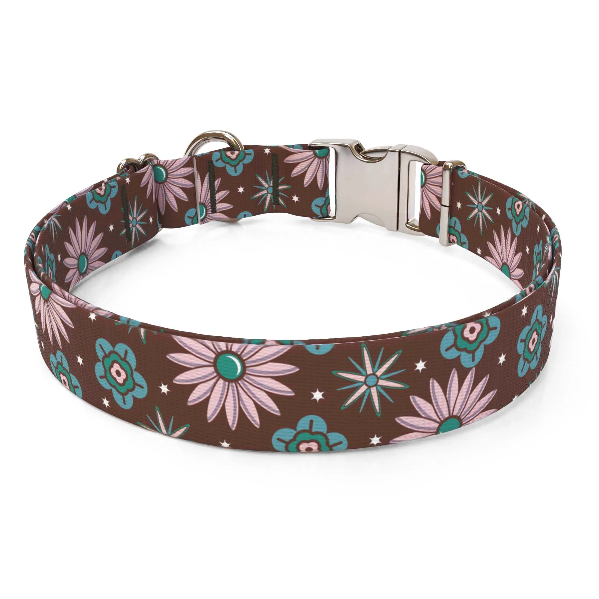 Pink and Teal Flowers Dog Collar - Image 2
