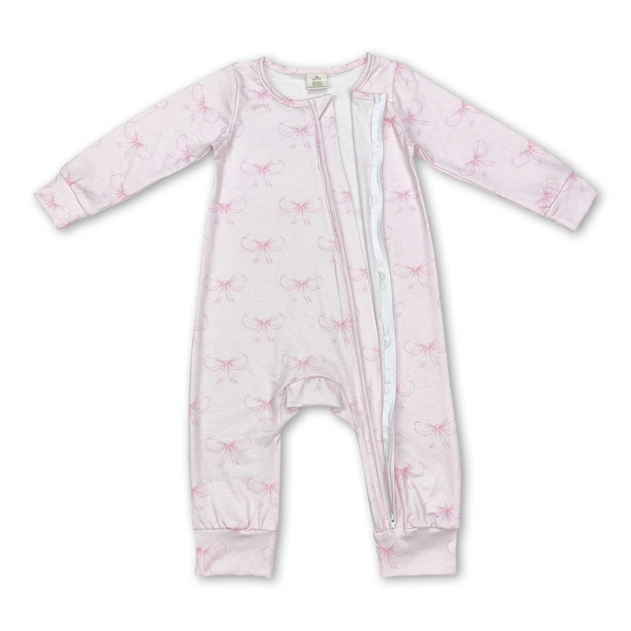 Pink bow long sleeves baby girls zipper sleeper - Image 2