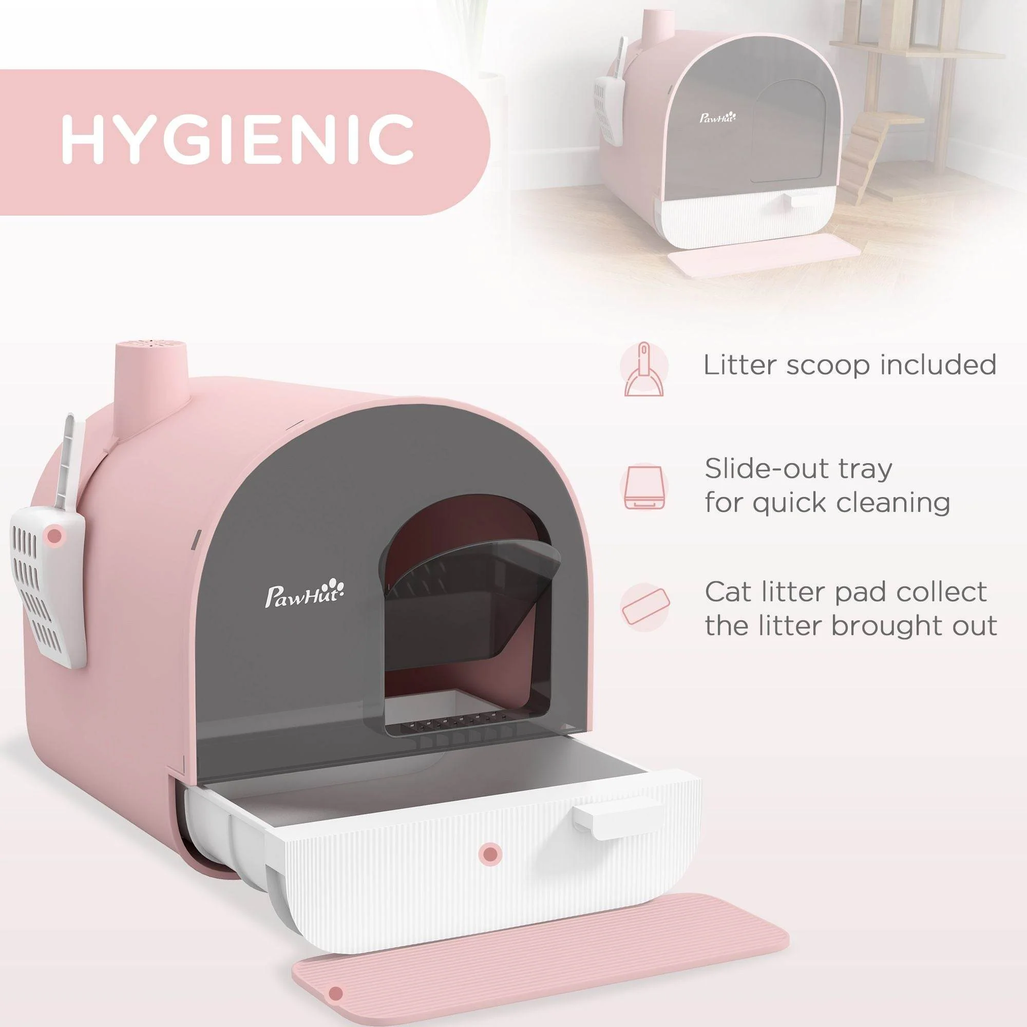 Pink Covered Cat Litter Box with Odor Filter - Complete Privacy Kit with Tray, Scoop & Mat | Compact Hooded Litter House - Image 4